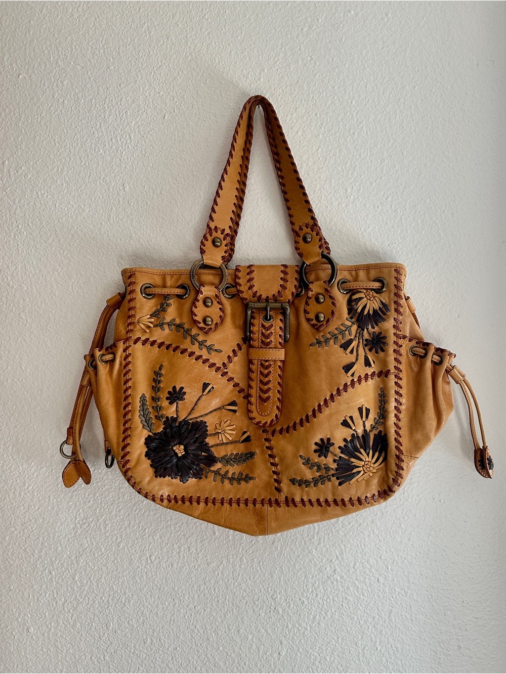 Vintage Isabella Fiore Tan Floral-Embroidered Western Leather